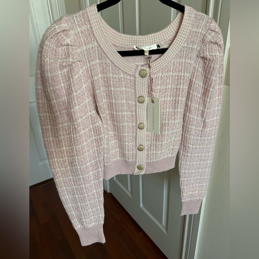 W/ Tags LoveShackFancy Daughter Checked Cropped Cardigan Sweater in Pink Winds M - Picture 16 of 17
